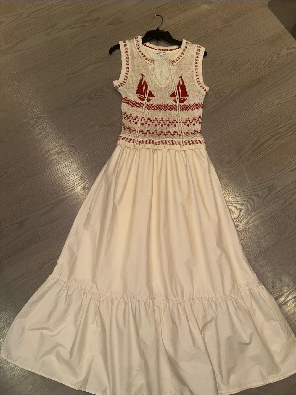 Moon River Cream Maxi Dress with Red Knit Bodice